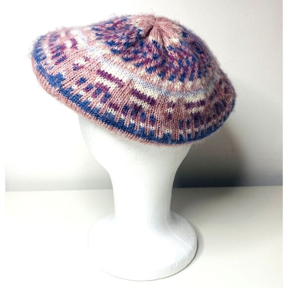 VTG Aris Purple Pink Multicolor Knit Pastel Cozy Soft Girl Aesthetic Beret Hat - Picture 2 of 4